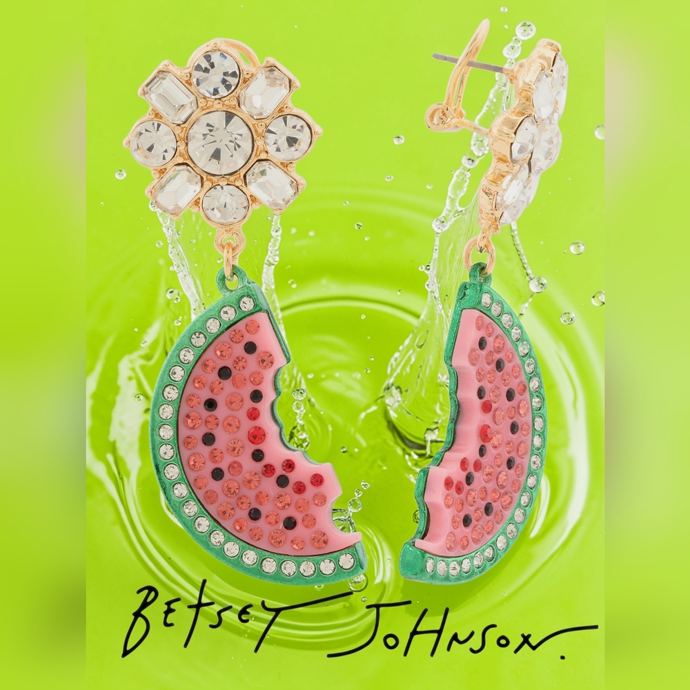 NEW Betsy Johnson Backyard Watermelon  Green & Pink Crystal Earrings 2.75" Long